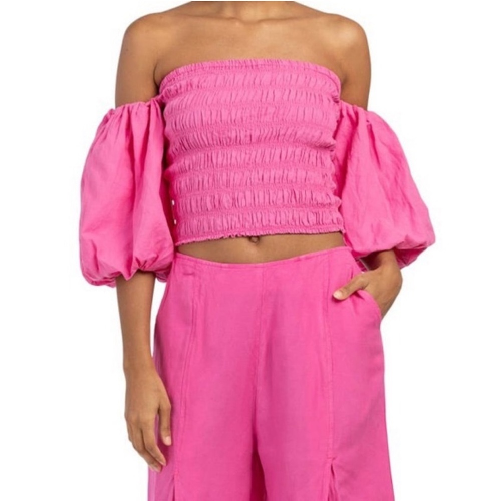 YFB Linen Smocked Puff Sleeve Pink Yacht Top